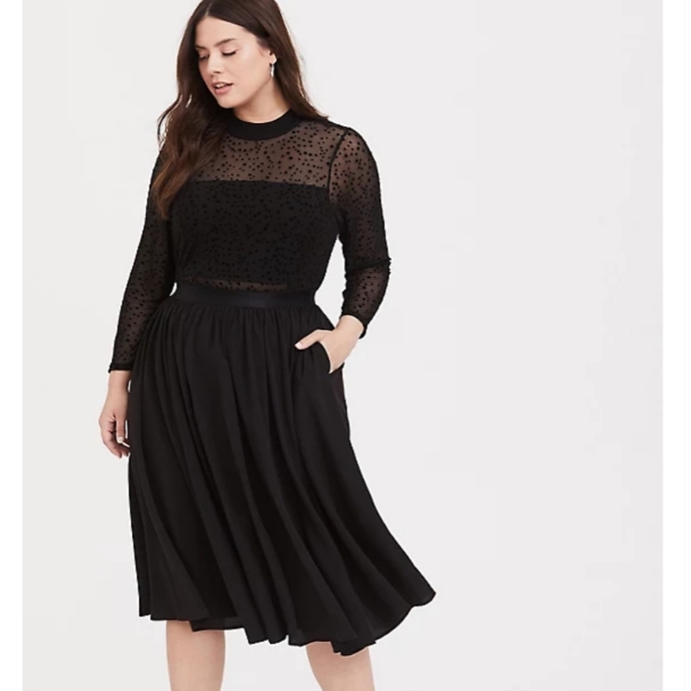 BLACK MESH FLOCKED STAR MOCK NECK MIDI DRESS